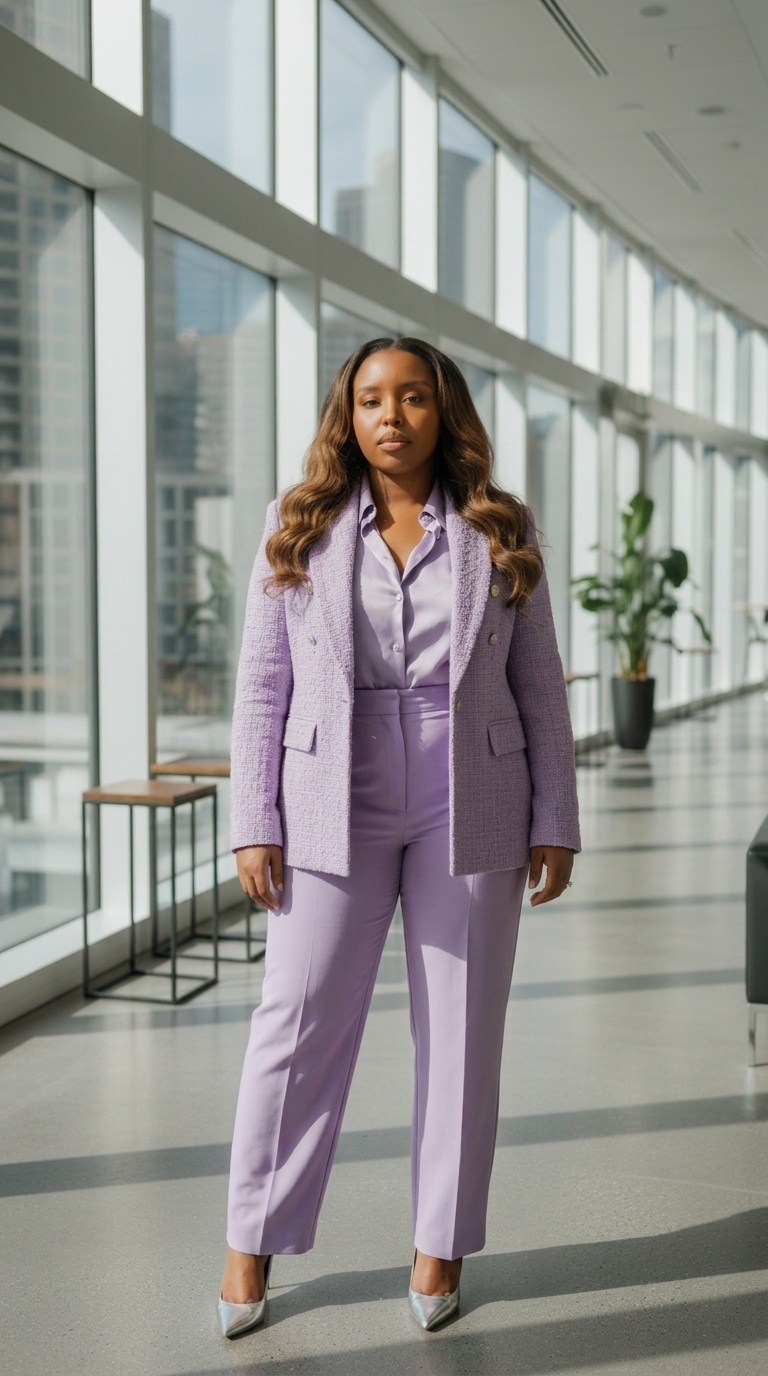 Tamika MaCheyle standing confidently in a lavender tweed suit in a sunlit city office
