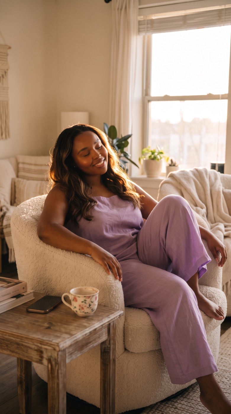 Tamika unwinding in a cozy armchair with a cup of tea
