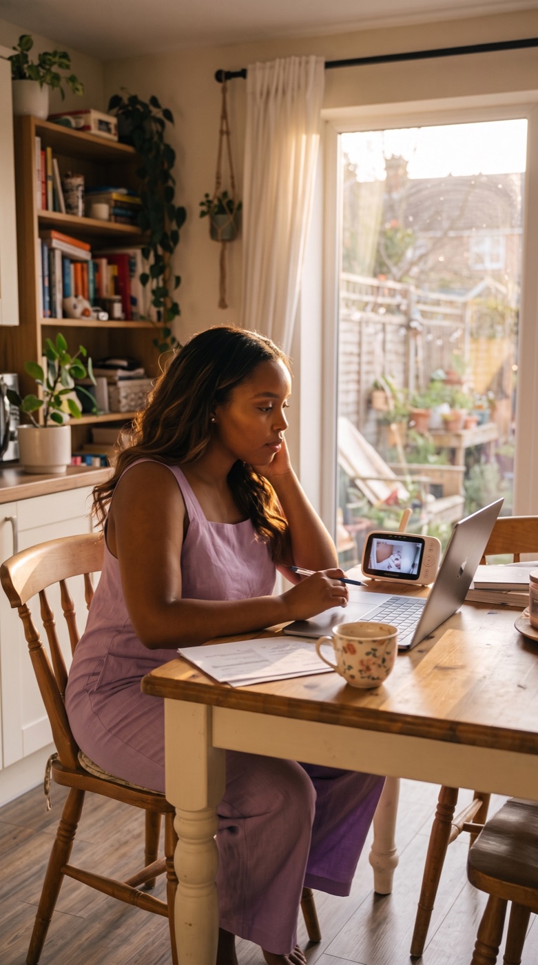 Tamika MaCheyle working on her plans at the kitchen table, golden hour light coming through the window