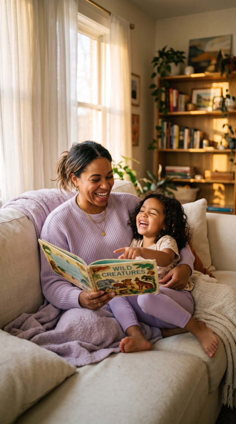 A mom reading with her daughter on the couch