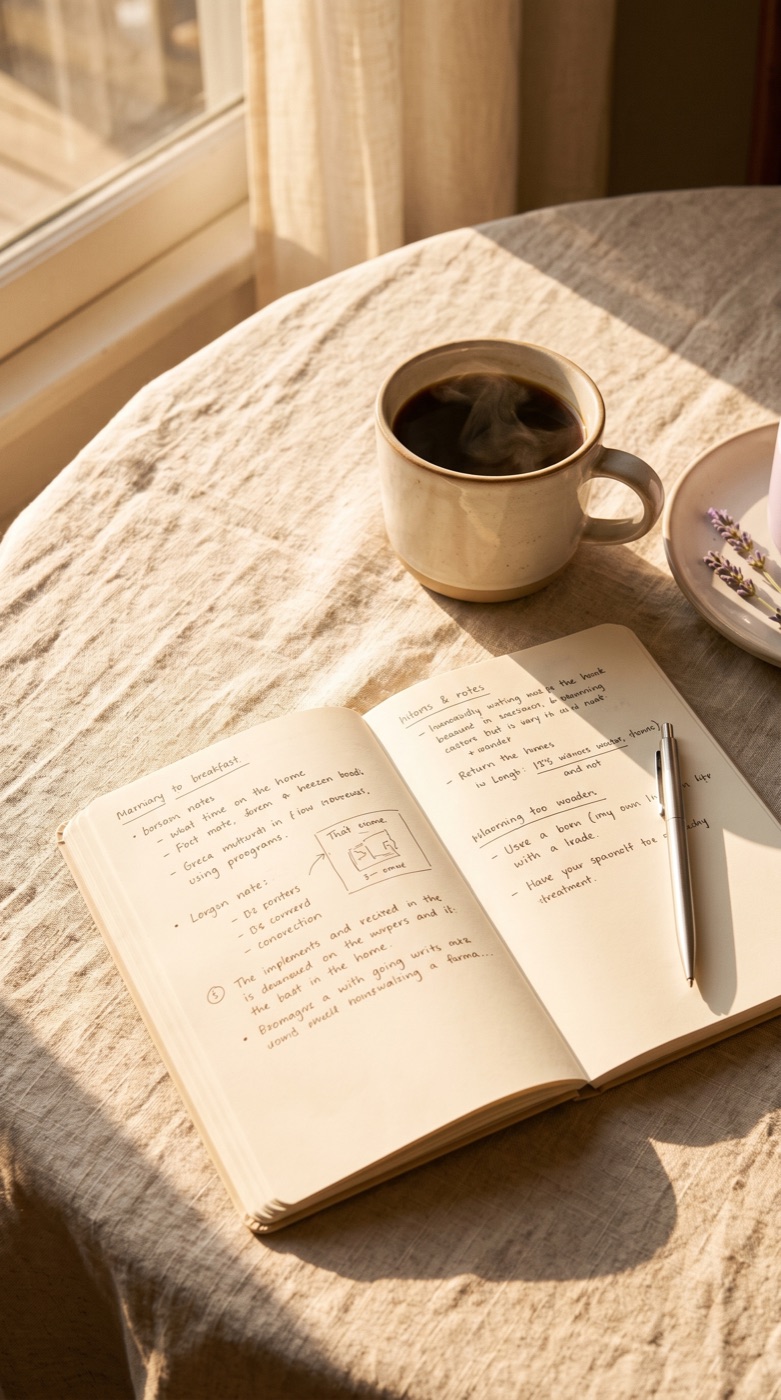 An open journal, pen, and morning coffee with sprigs of lavender